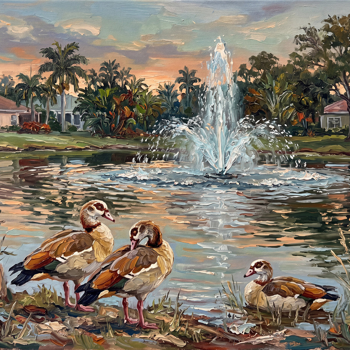 Egyptian Geese at the Sunset Fountain | Glossy Ceramic Art Tile