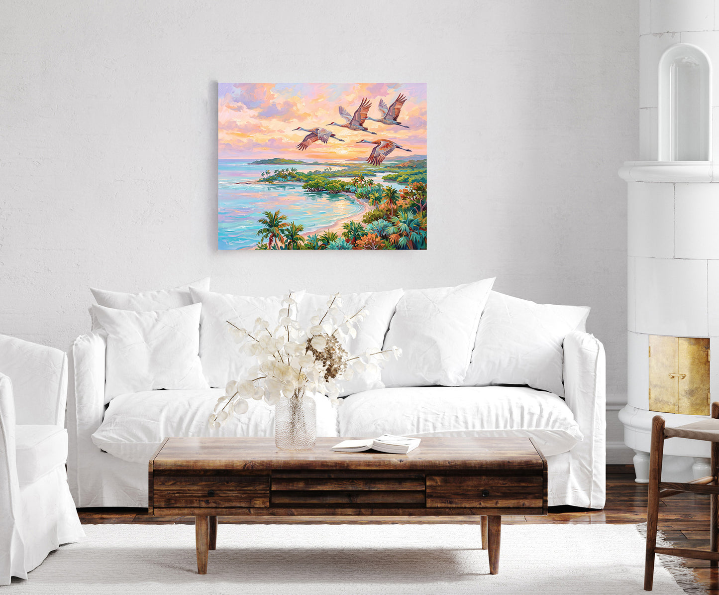 Flamingos Flying Over Blue Waters Coastal Tropical Landscape Vibrant Print