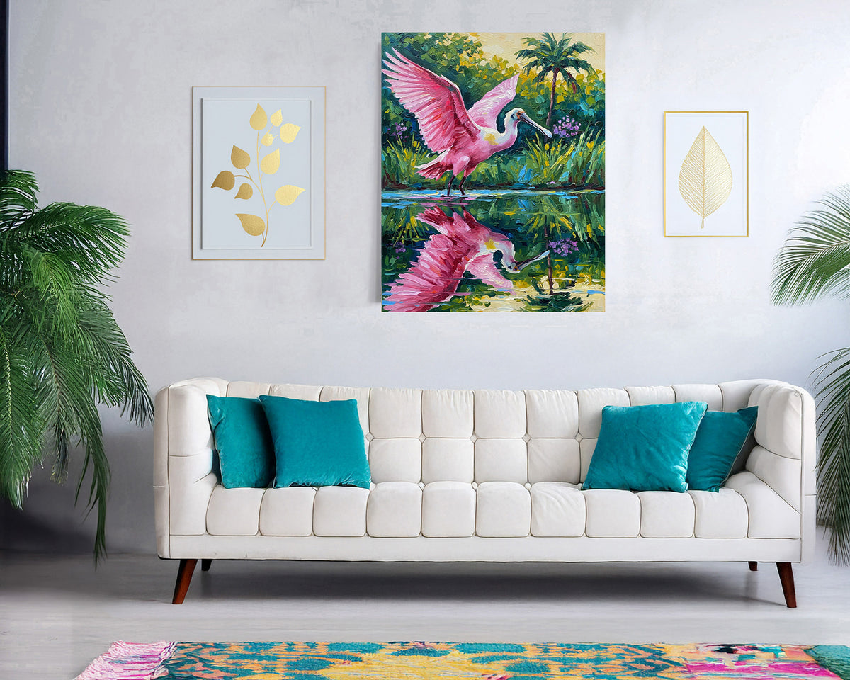 Roseate Spoonbill with Wings Spread in a Tropical Lagoon | Canvas or Paper Art Print