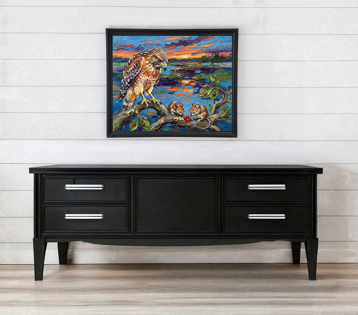 Hawk & Two Mice at Sunset | Canvas or Paper Wildlife Art Print