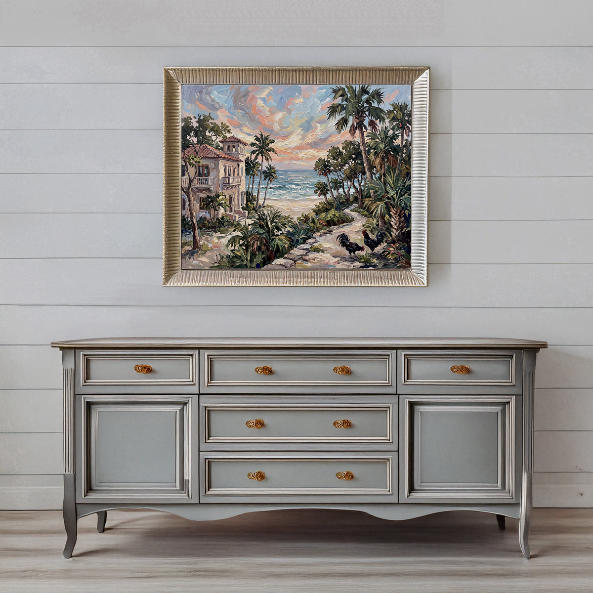 Where the Palms Meet the Sea – Key West Coastal House & Roosters | Canvas or Paper Art Print
