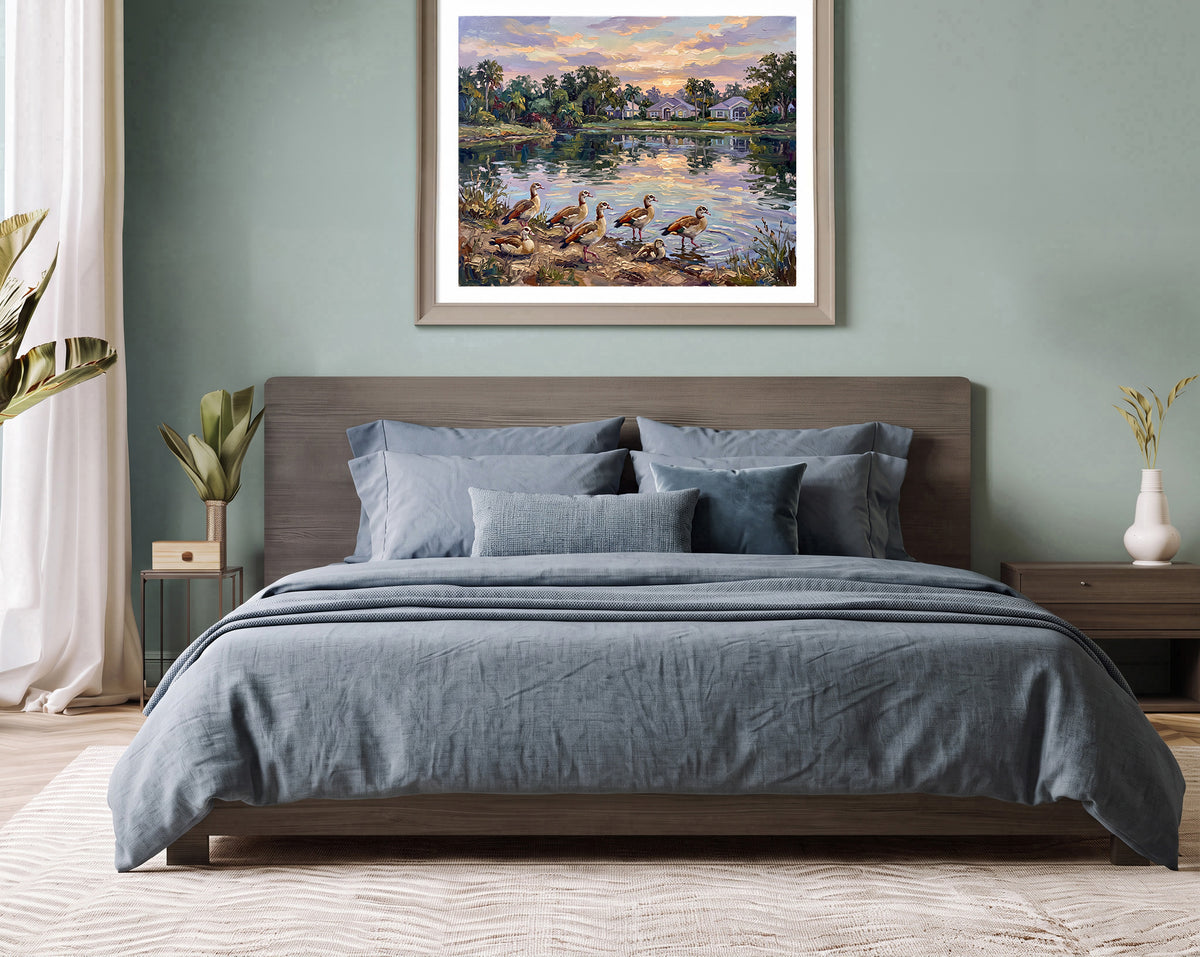 Golden Hour Gathering – Egyptian Geese by the Pond | Canvas or Paper Art Print