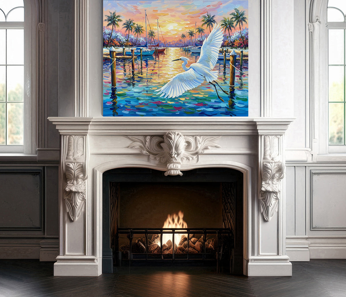 Great Egret Marina Sunset Fine Art Print | Florida Coastal Wildlife Art | Canvas or Paper