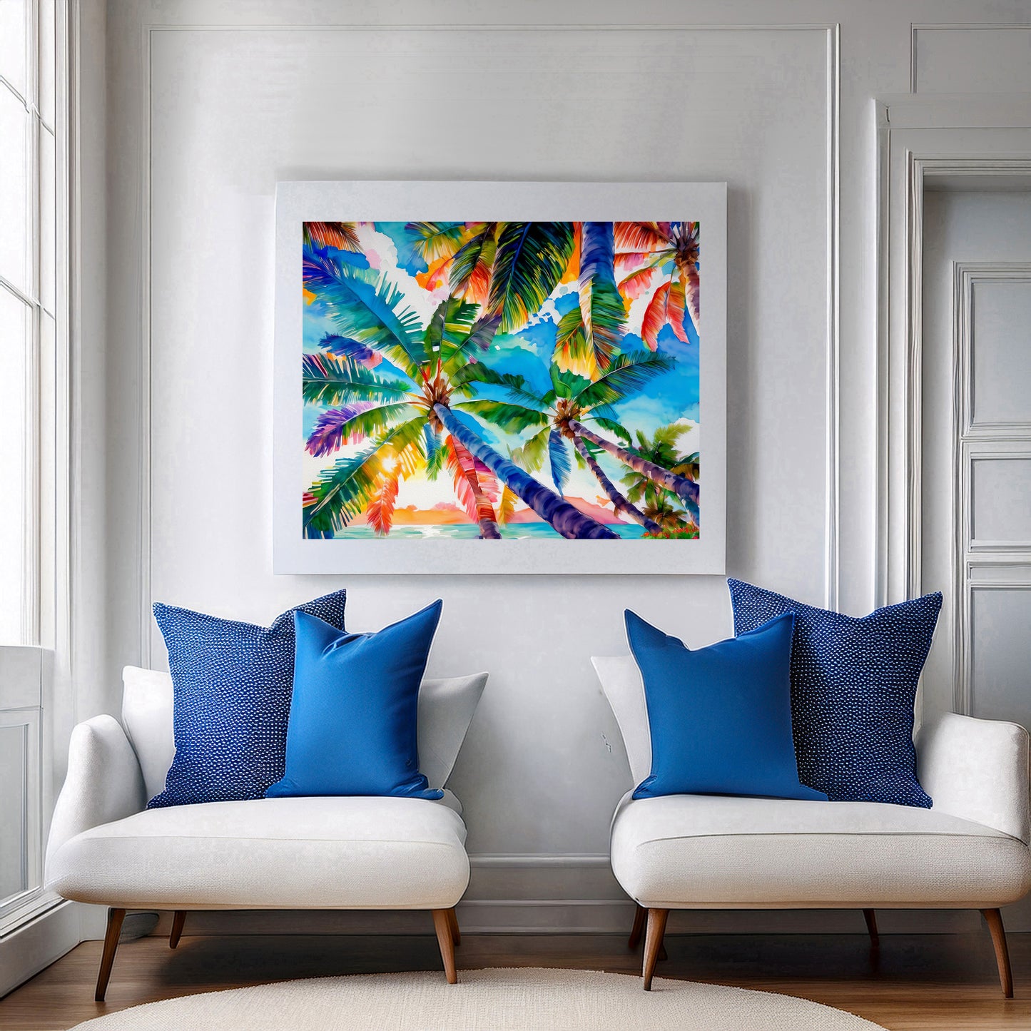 Beach, Palm Trees and Sunset, Vibrant Print: Canvas or Paper