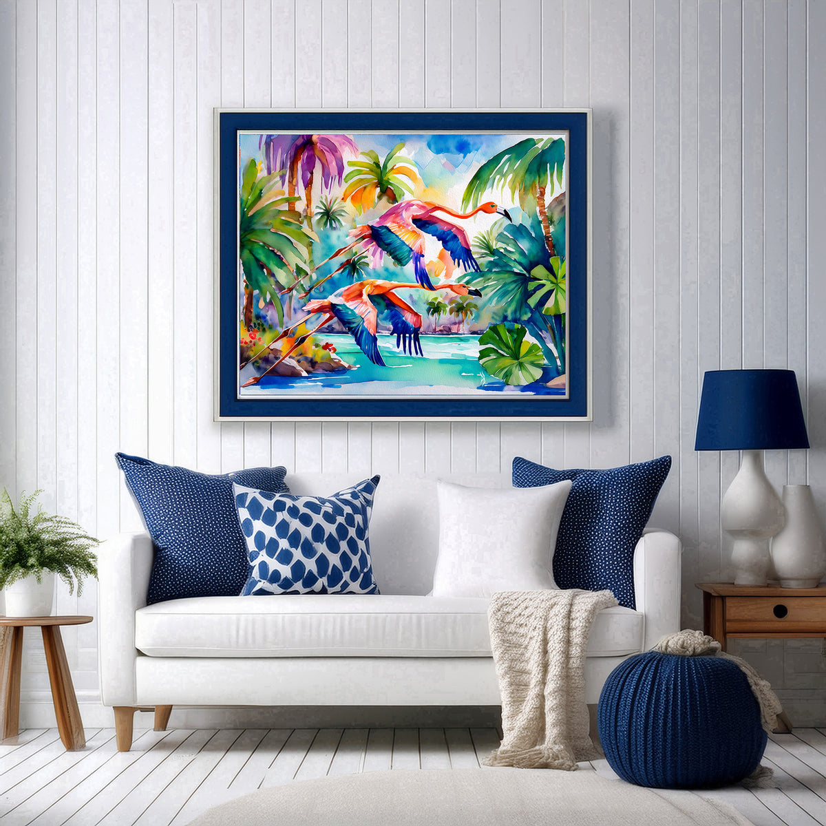 Flamingos Flying Coastal Tropical Landscape Vibrant Print