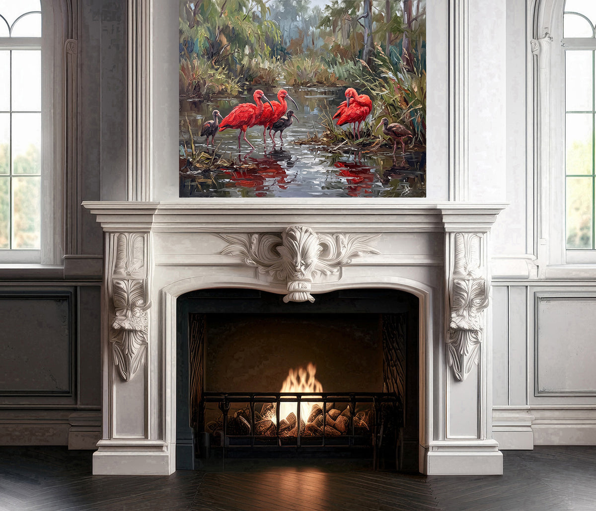 Scarlet Reflections – Ibis in the Hidden Wetlands | Canvas or Paper Art Print
