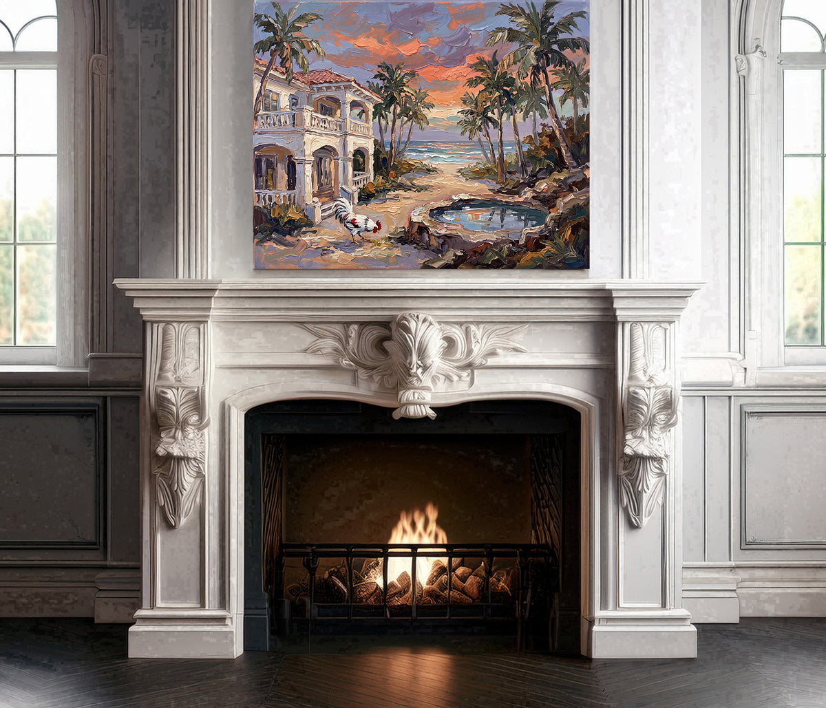 Reflections of an Island Sunset – Key West Coastal House & Rooster | Canvas or Paper Art Print