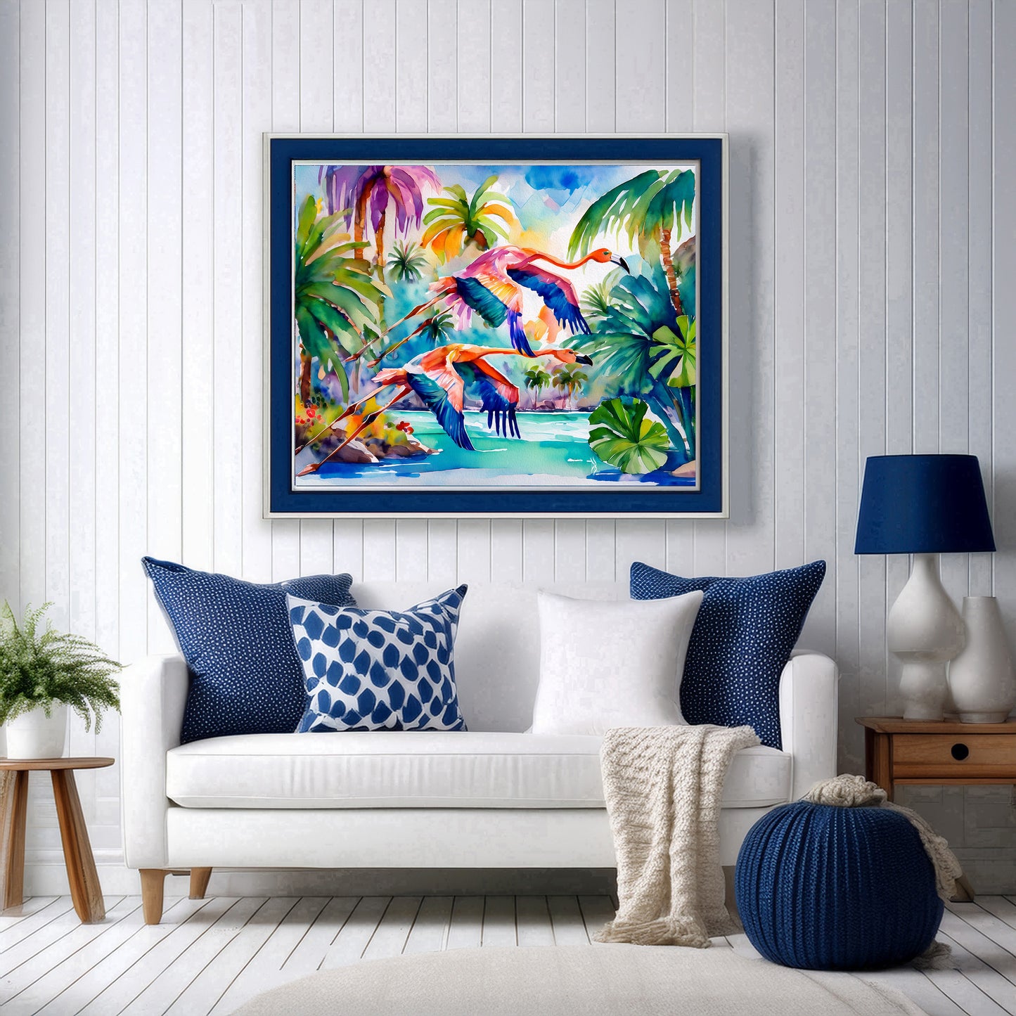 Flamingos Flying Coastal Tropical Landscape Vibrant Print
