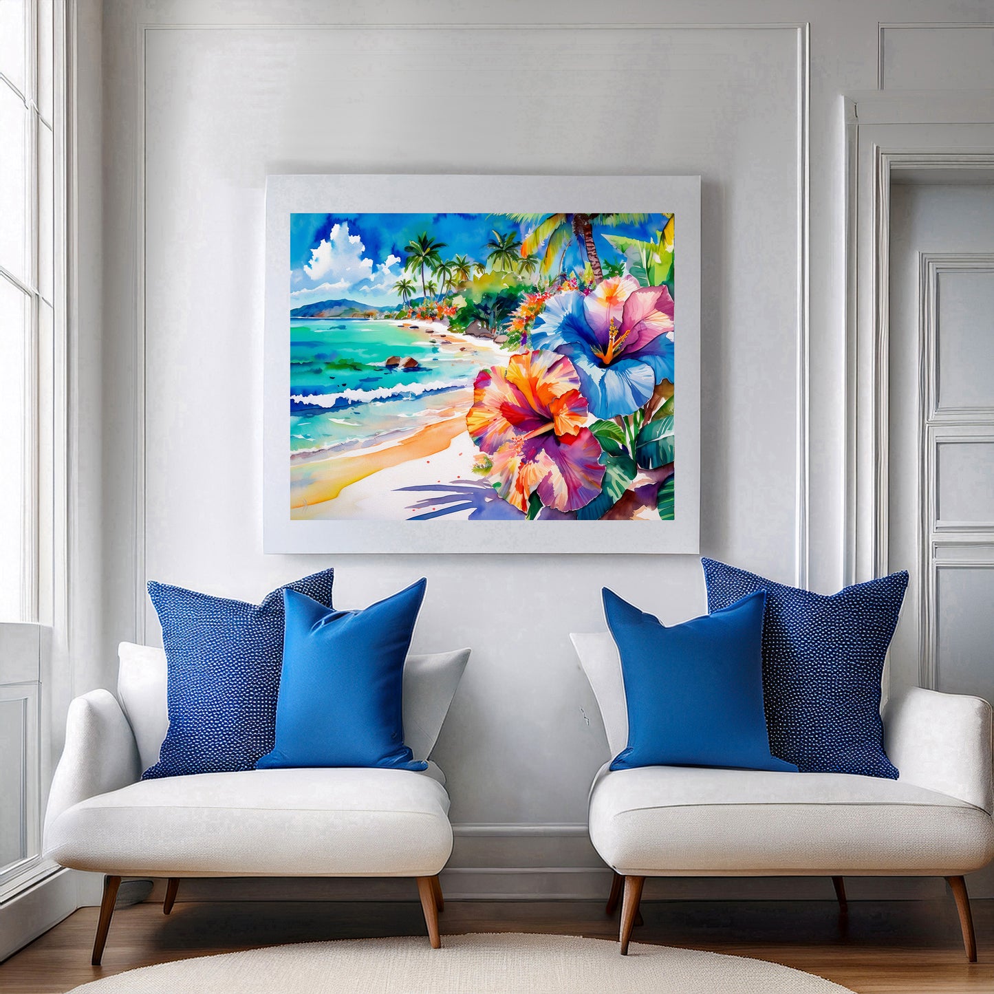 Beach, Palm Trees and Hibiscus, Vibrant Print: Canvas or Paper