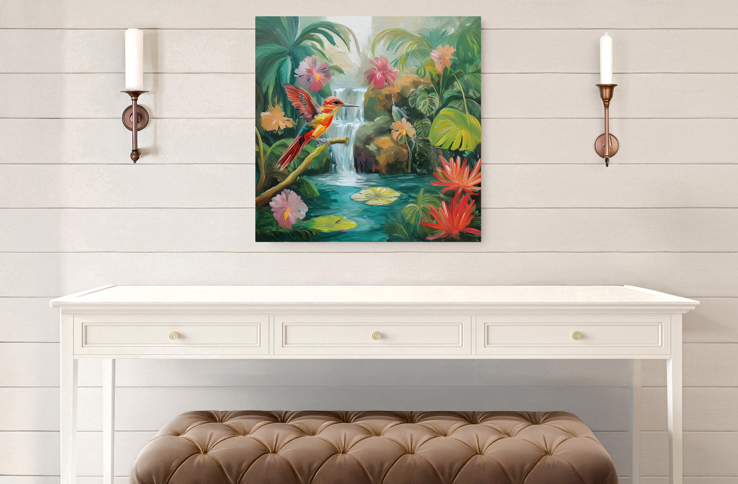 Hummingbird and Waterfall Tropical Print: Canvas or Paper