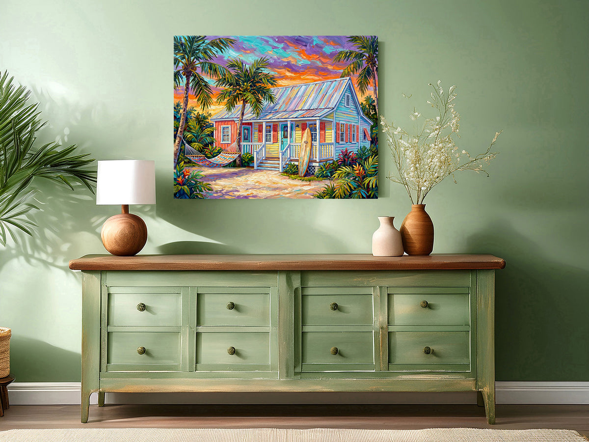 Key West Sunset Conch Cottage with Surfboard & Hammock | Canvas or Paper Art Print