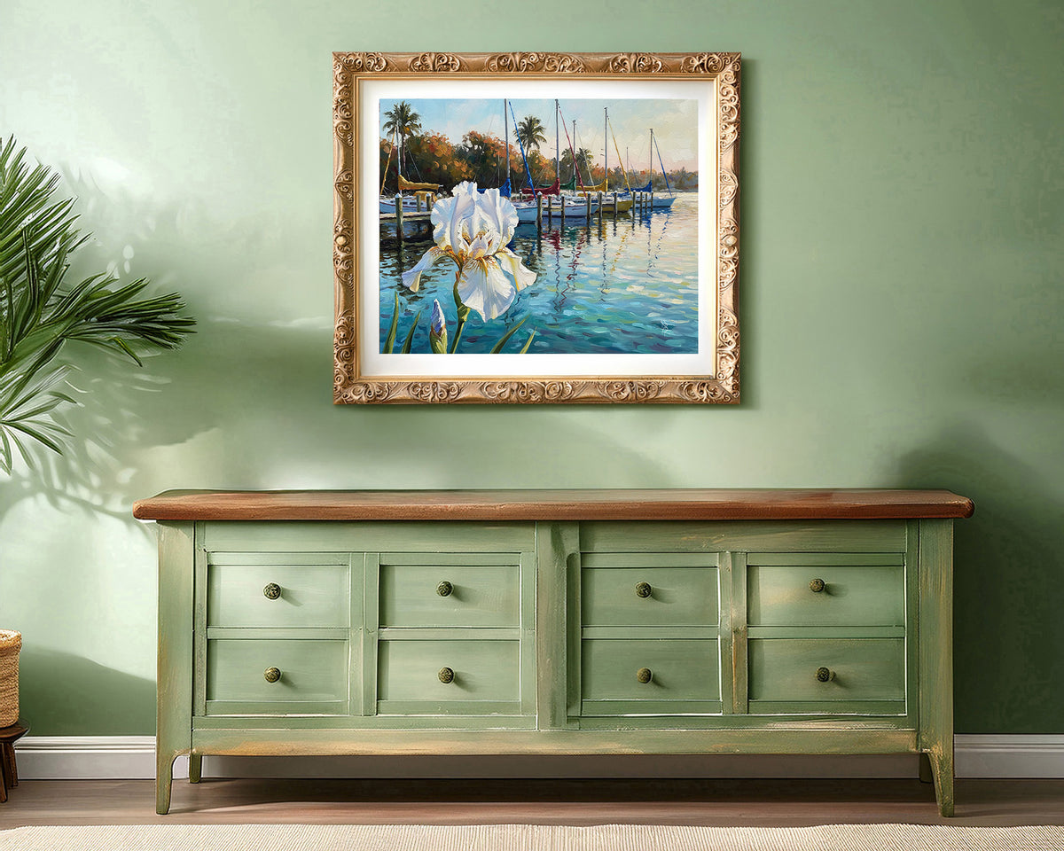 White Iris & Sailboats Florida Marina Fine Art Print | Floral Coastal Art | Canvas or Paper