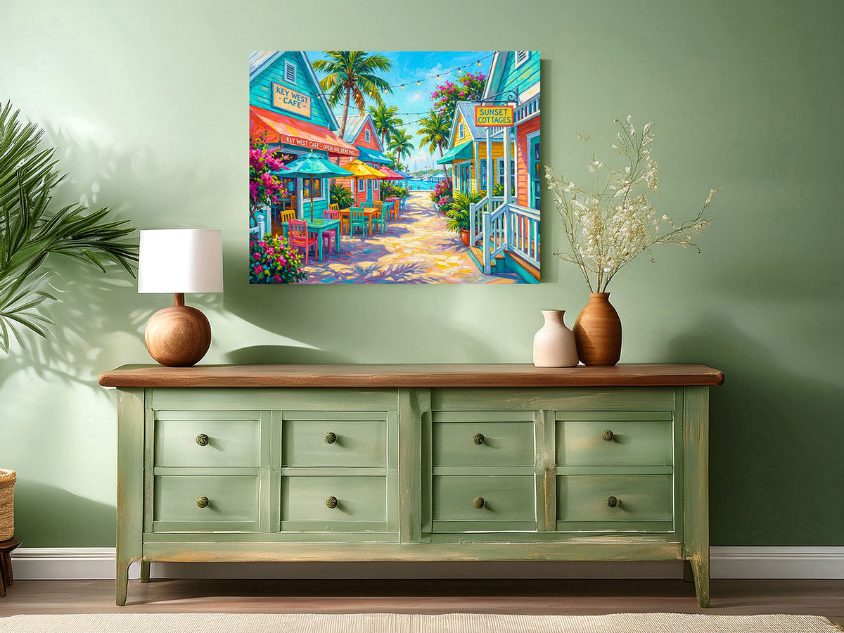 Key West Cafe Open Air Seating Street Scene | Canvas or Paper Art Print