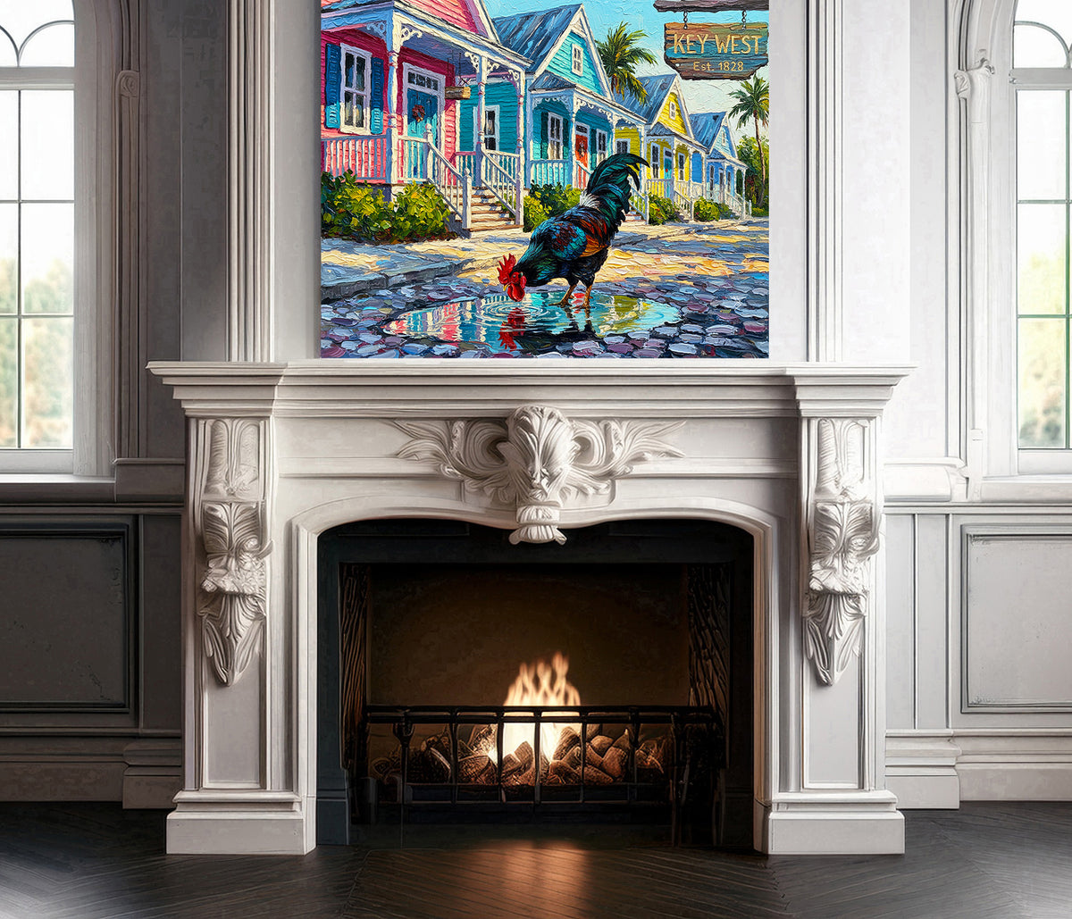 Key West Rooster on Duval Street | Colorful Conch Cottages Art Print