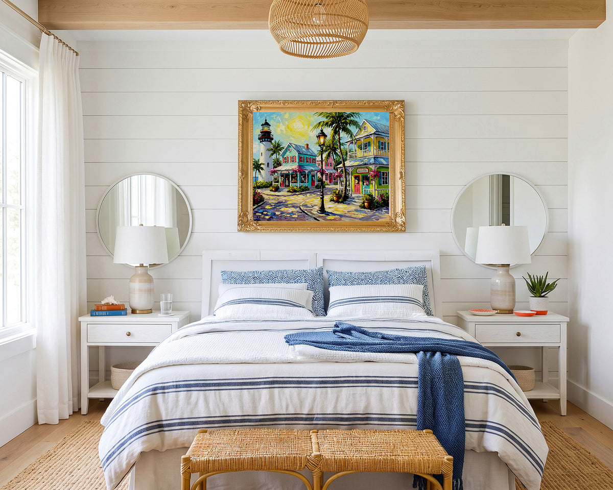 Key West Lighthouse & Pastel Conch Cottages | Canvas or Paper Art Print