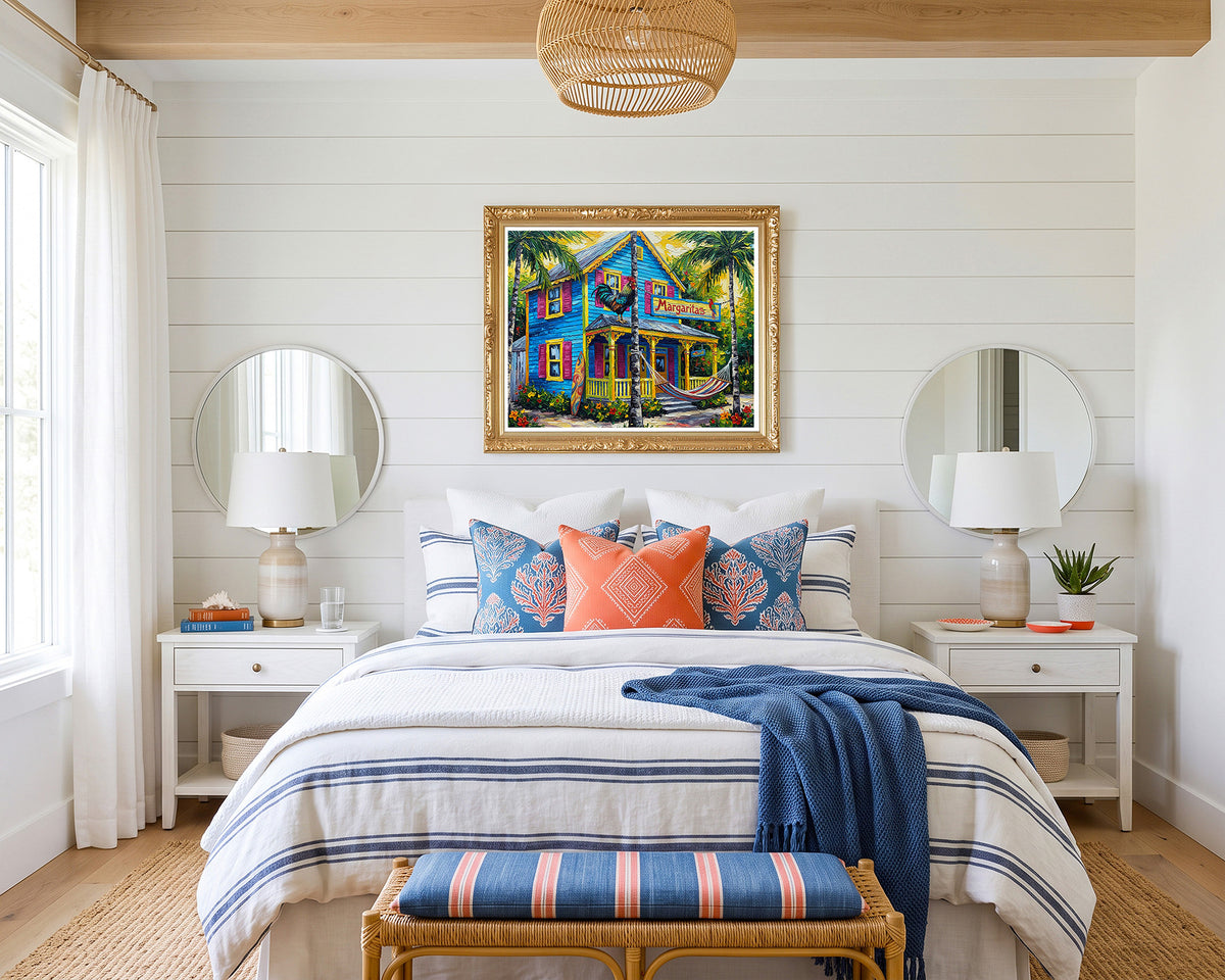 Margaritas Key West Conch House with Rooster & Hammock | Canvas or Paper Art Print