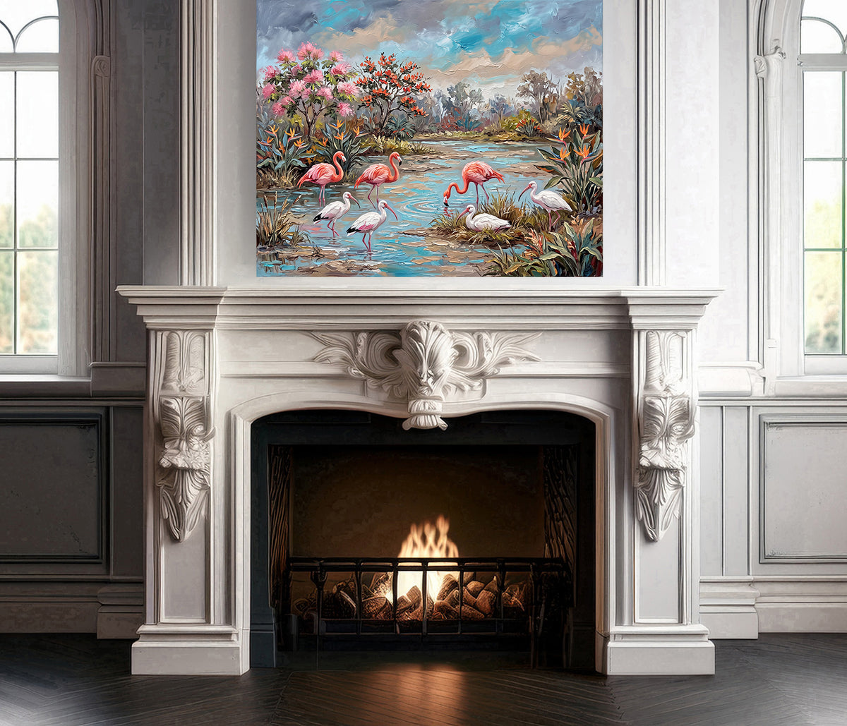 Flamingos & White Ibis in a Tropical Lagoon | Canvas or Paper Art Print
