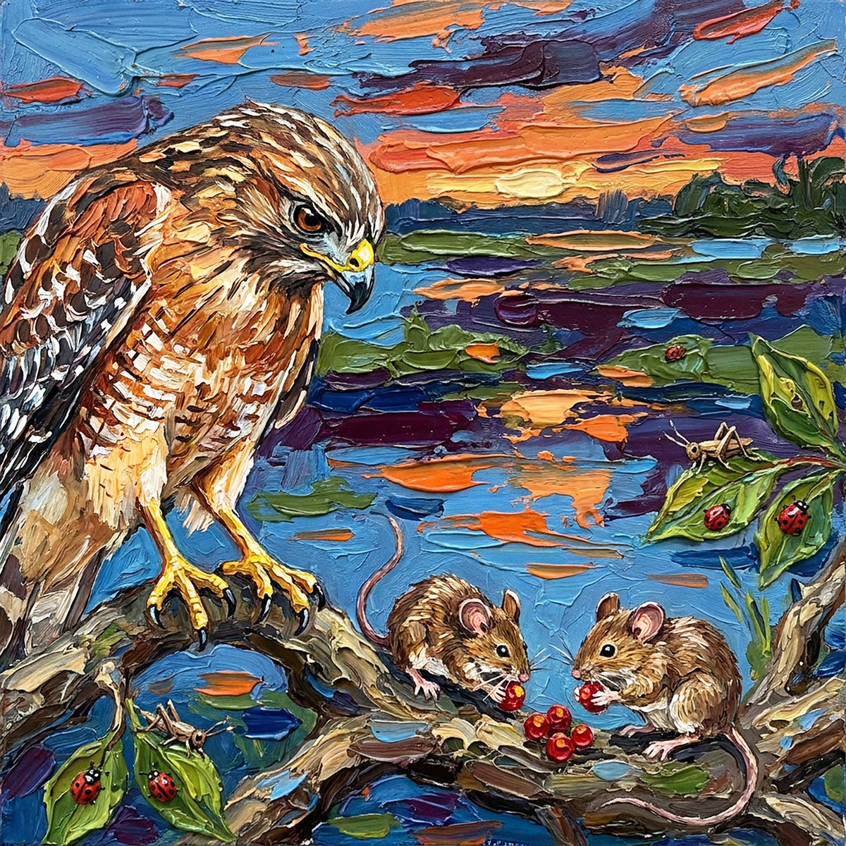 Hawk and Mice by the Water – Glossy Ceramic Art Tile