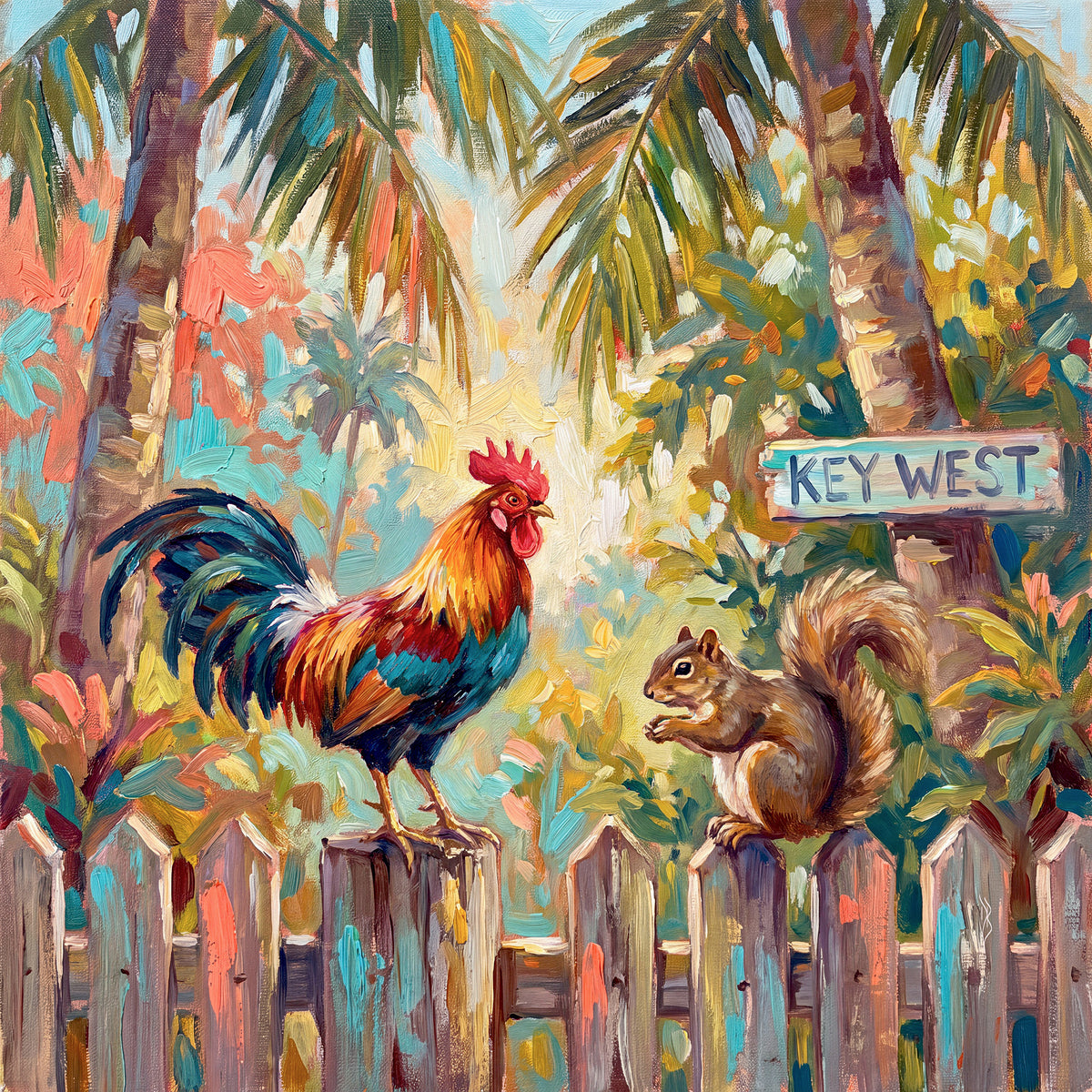 Key West Rooster & Squirrel on the Fence | Ceramic Art Tile