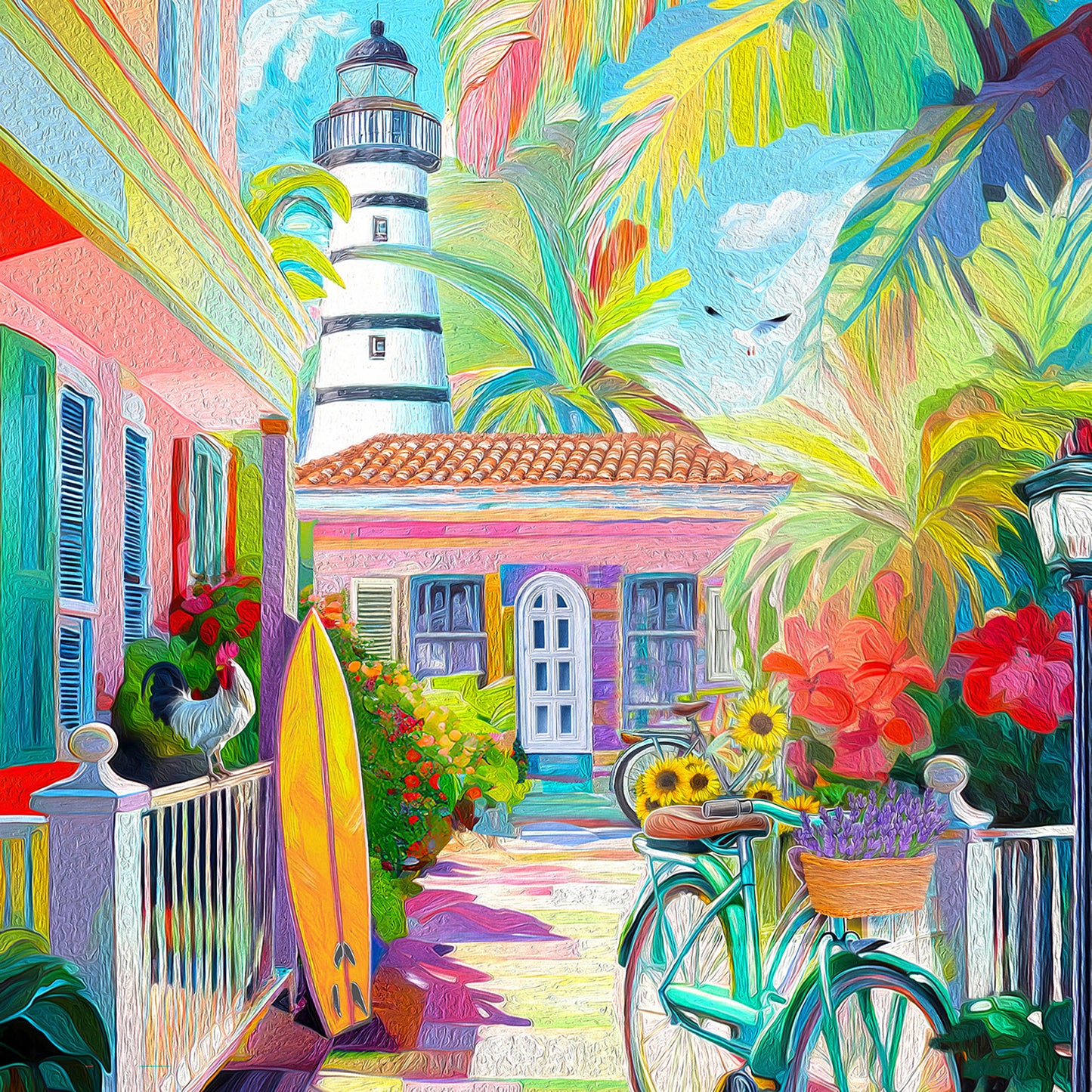 Key West Rooster & Bicycle Ceramic Art Tile