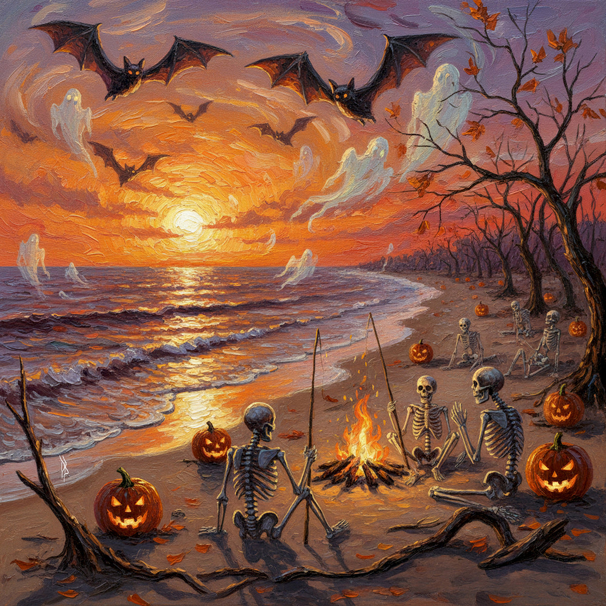 Florida Keys Halloween Skeleton Bonfire Beach Ceramic Art Tile