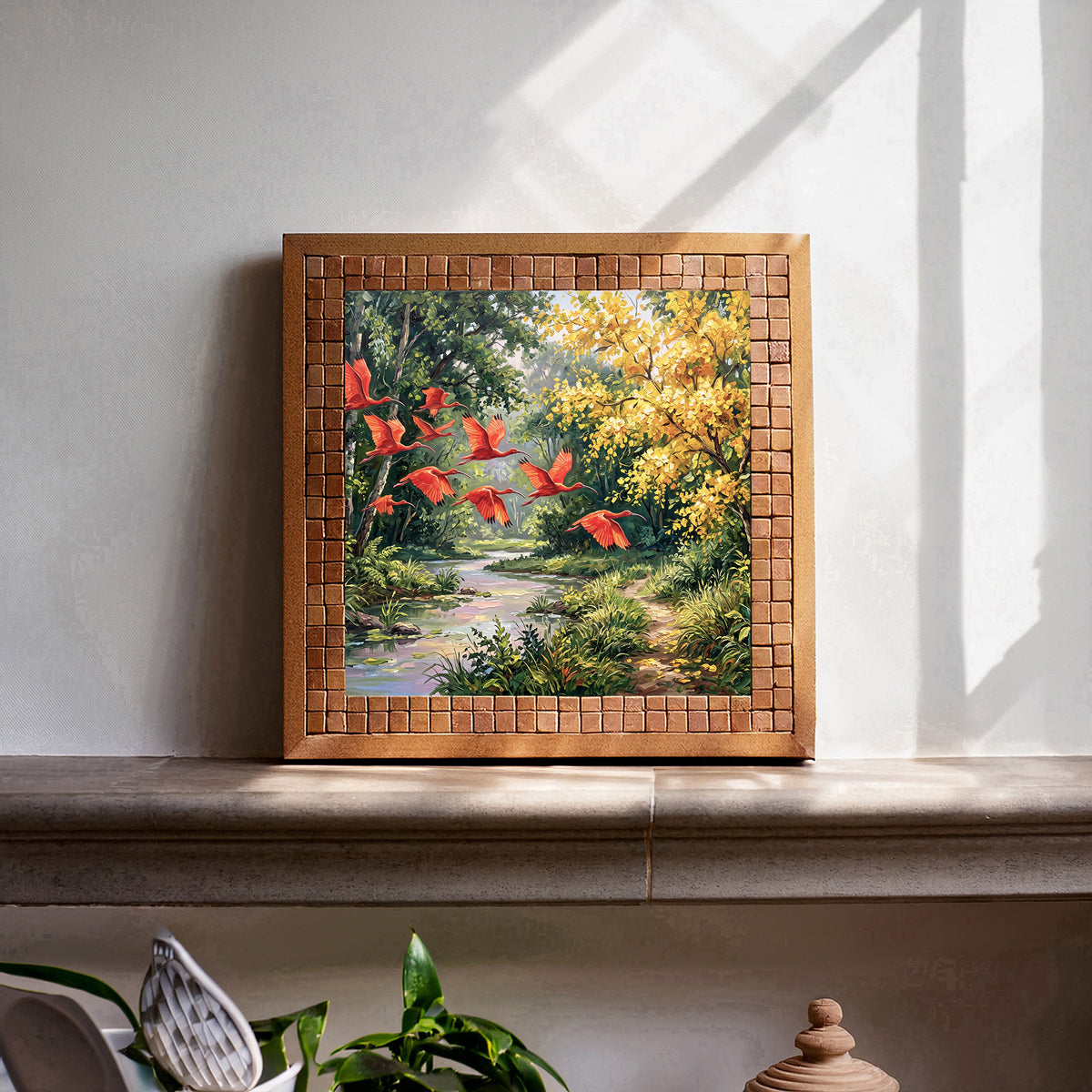 Scarlet Wings Beneath the Golden Canopy | Glossy Ceramic Art Tile