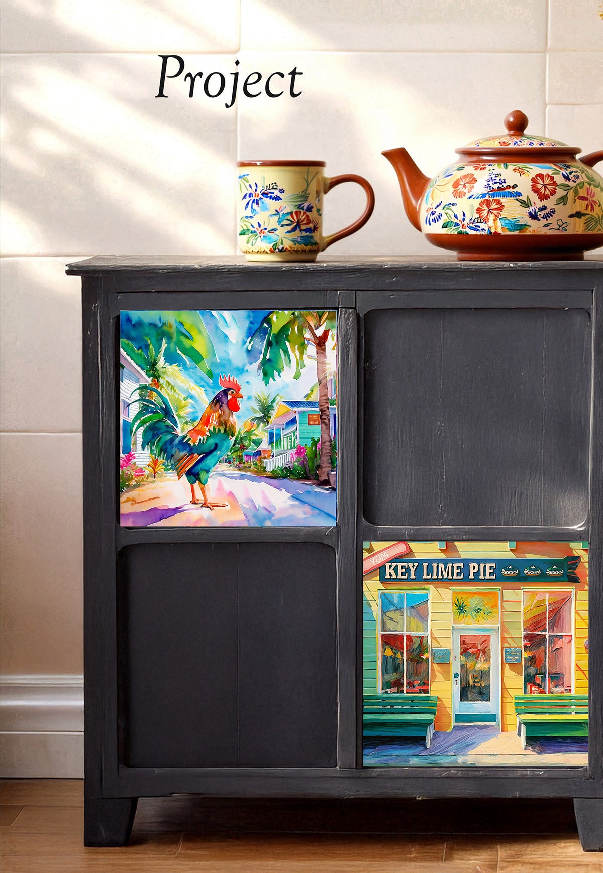 Key West Rooster Strutting Through Paradise Watercolor Ceramic Art Tile