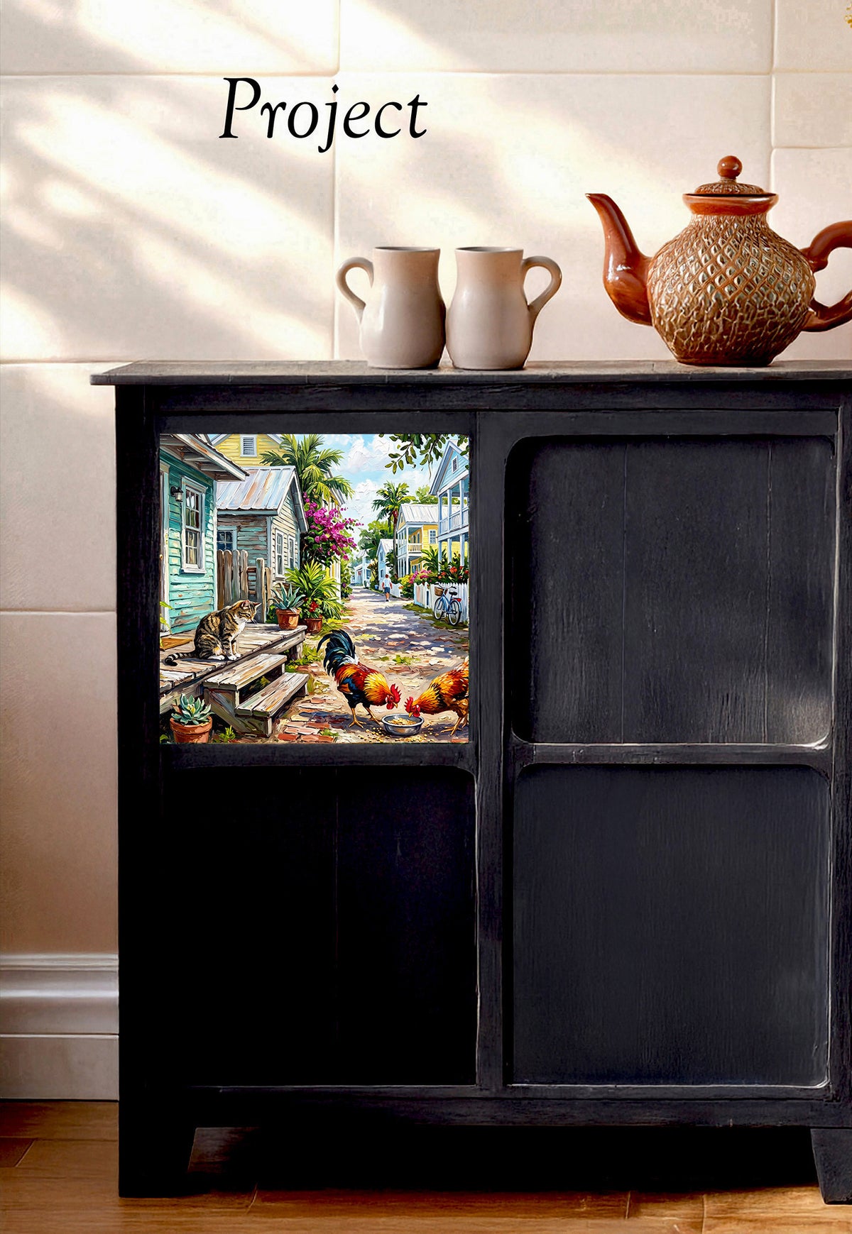 Key West Lane with Cat & Roosters | Glossy Ceramic Art Tile
