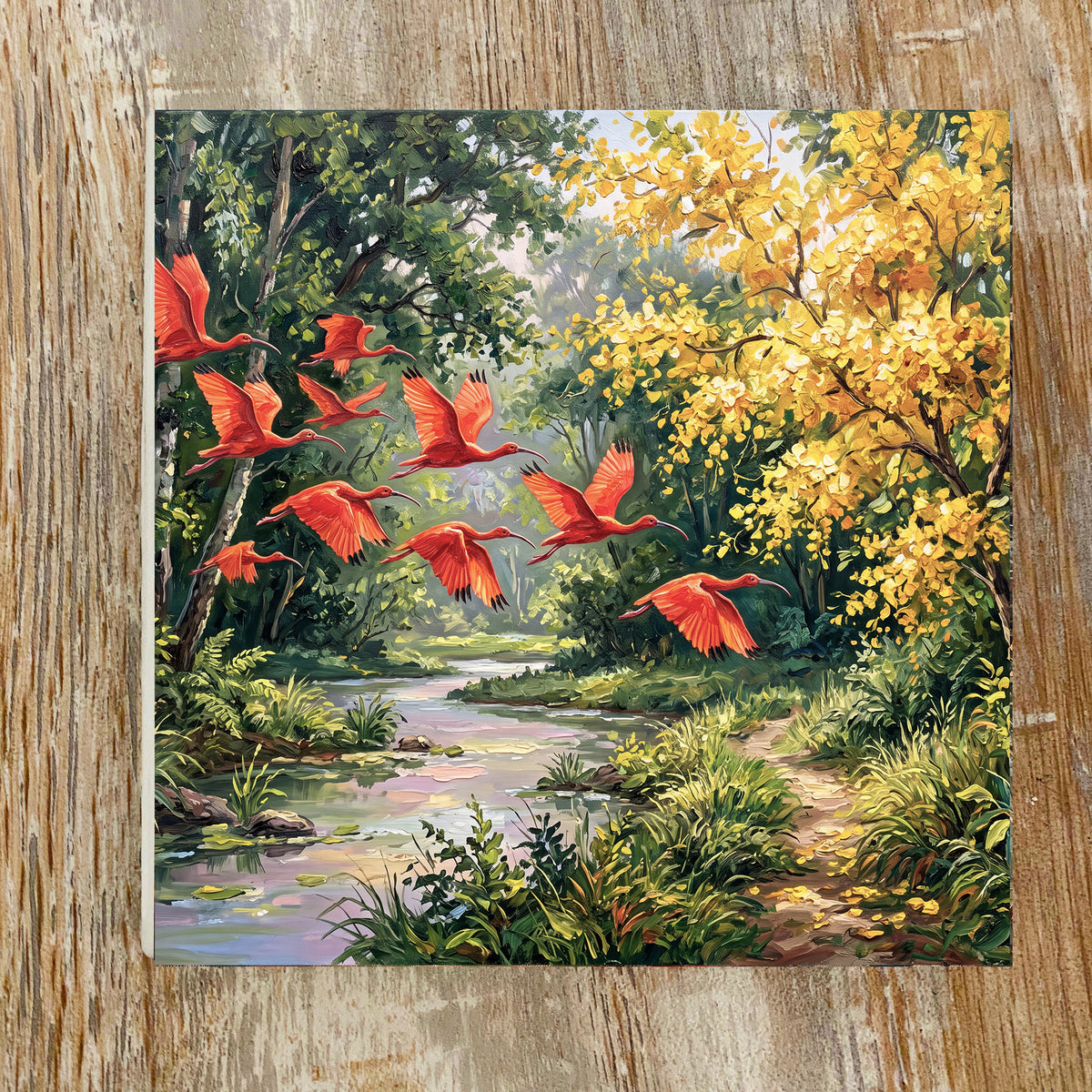 Scarlet Wings Beneath the Golden Canopy | Glossy Ceramic Art Tile
