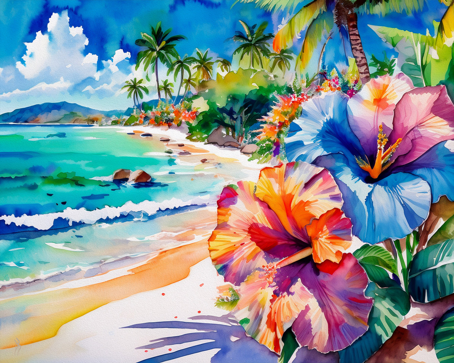 Beach, Palm Trees and Hibiscus, Vibrant Print: Canvas or Paper