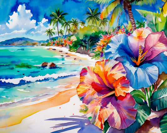 Beach, Palm Trees and Hibiscus, Vibrant Print: Canvas or Paper