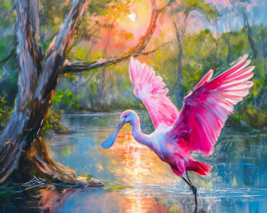 Roseate Spoonbill Wildlife Print: Florida Birds, Coastal Landscape Art