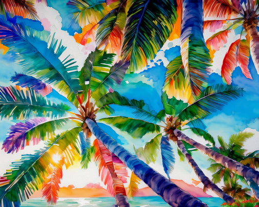 Beach, Palm Trees and Sunset, Vibrant Print: Canvas or Paper