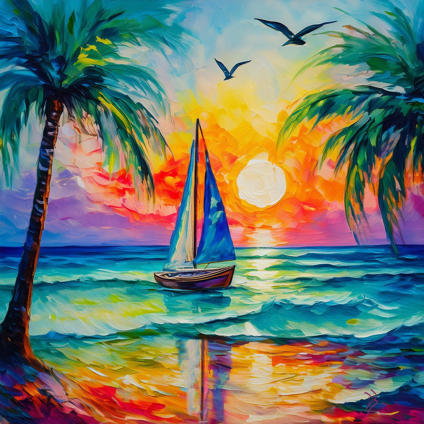 Sailboat, Palm Trees, Sunset, Ocean Waves Print on Canvas or Paper