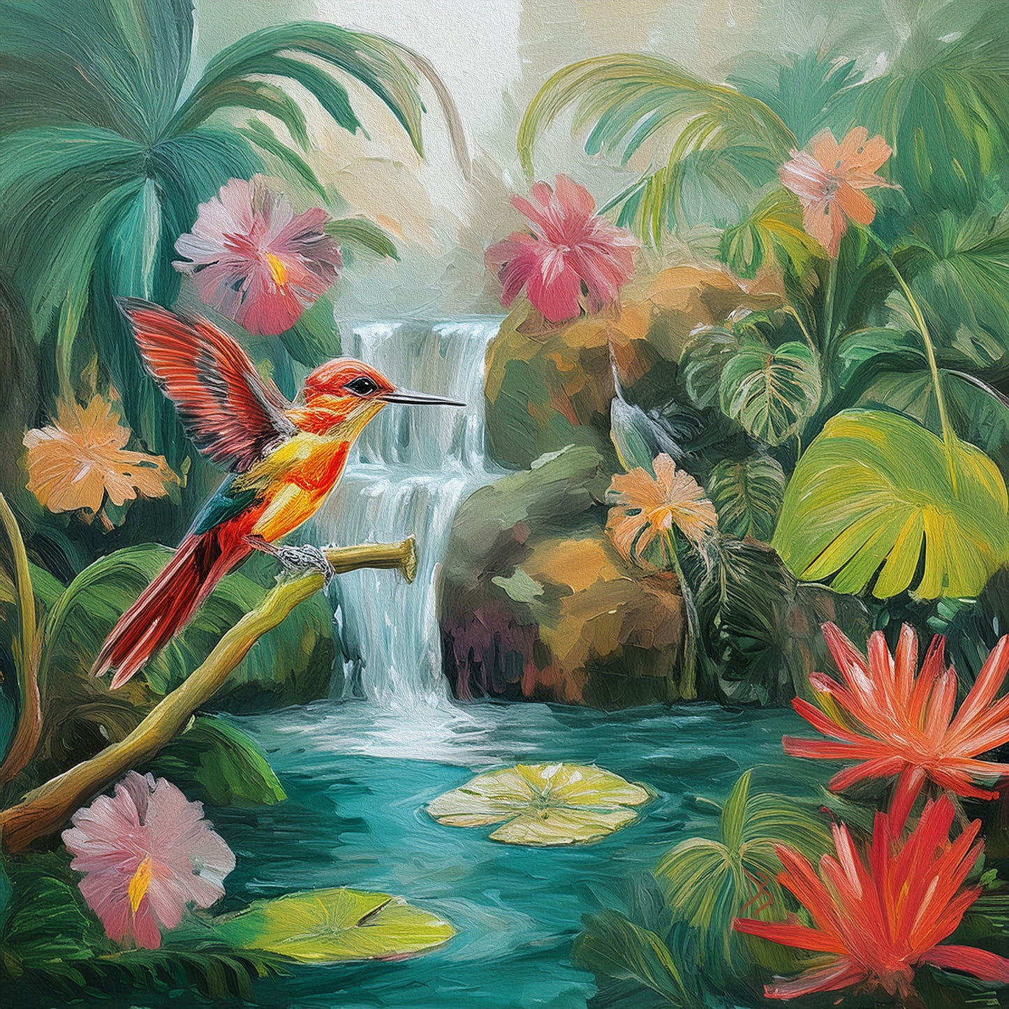 Hummingbird and Waterfall Tropical Print: Canvas or Paper