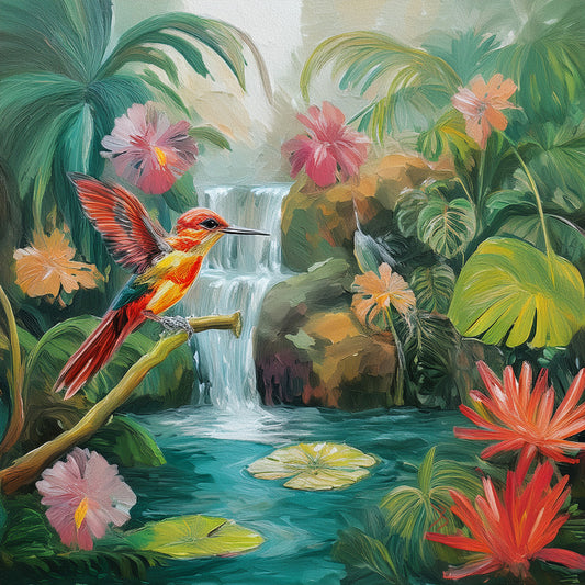 Hummingbird and Waterfall Tropical Print: Canvas or Paper