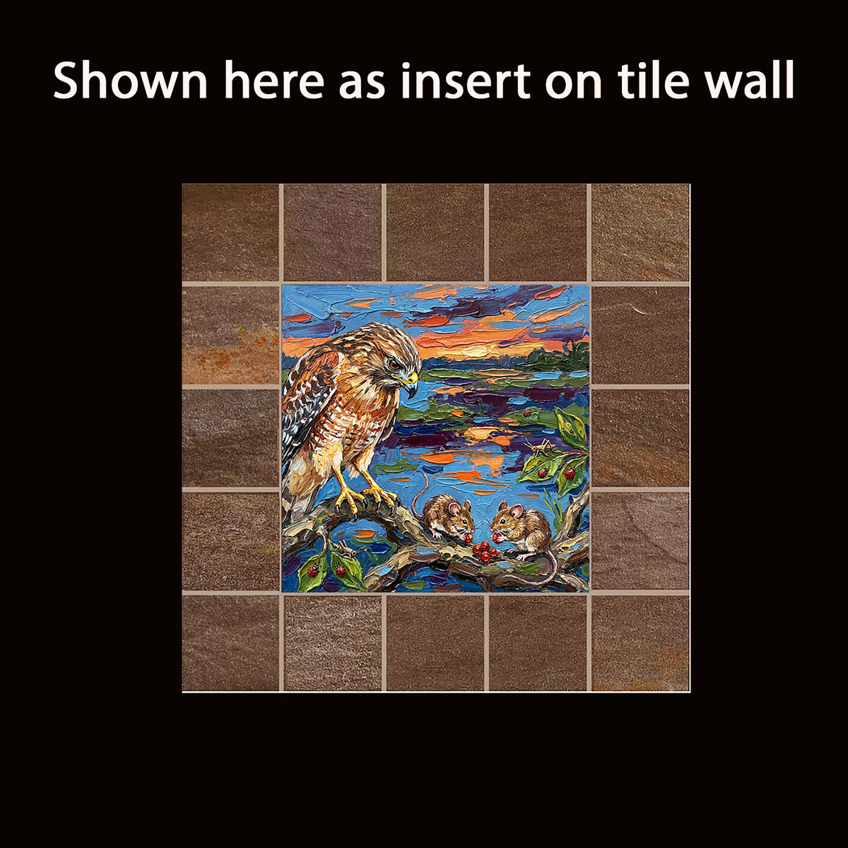 Hawk and Mice by the Water – Glossy Ceramic Art Tile
