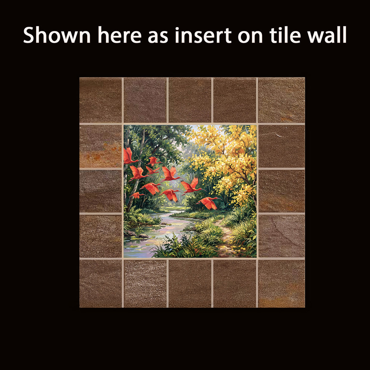 Scarlet Wings Beneath the Golden Canopy | Glossy Ceramic Art Tile