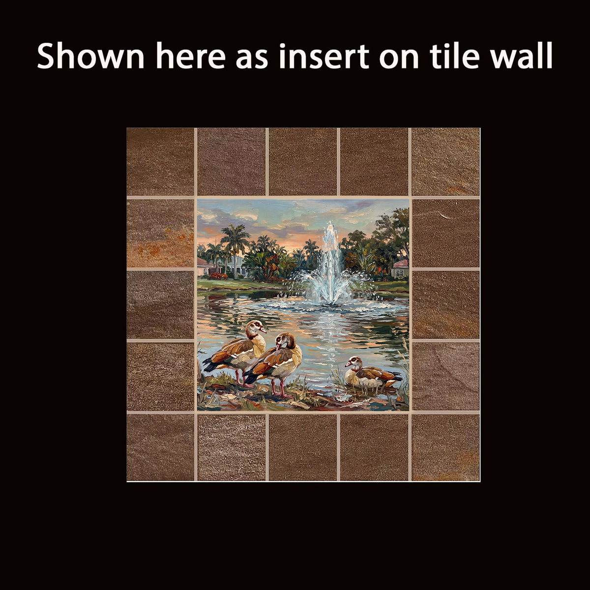 Egyptian Geese at the Sunset Fountain | Glossy Ceramic Art Tile