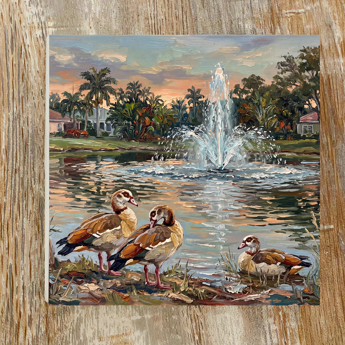 Egyptian Geese at the Sunset Fountain | Glossy Ceramic Art Tile