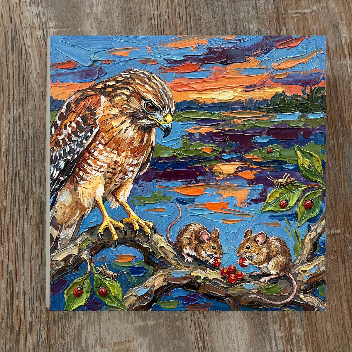 Hawk and Mice by the Water – Glossy Ceramic Art Tile