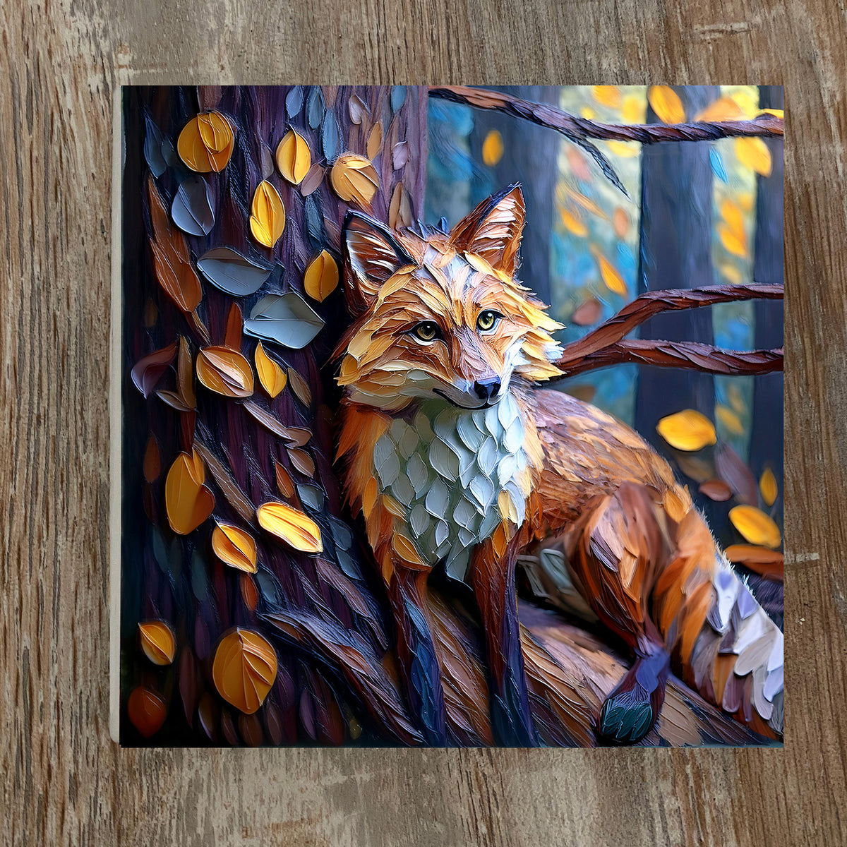 Autumn Fox in the Forest – Glossy Ceramic Art Tile