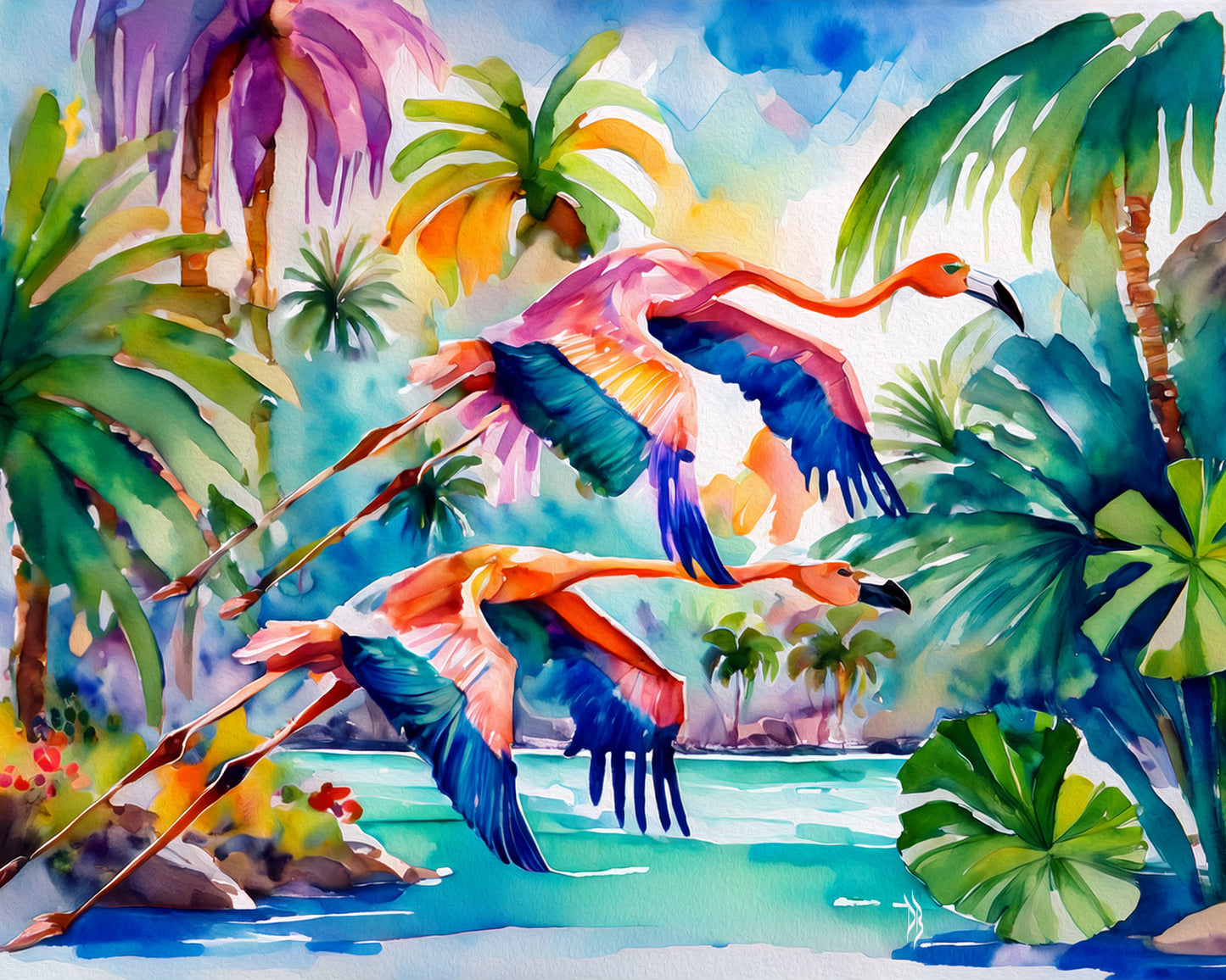 Flamingos Flying Coastal Tropical Landscape Vibrant Print