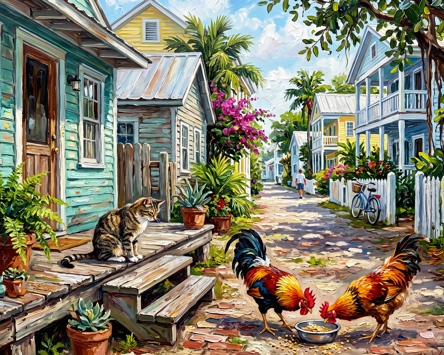 Key West Homes and Roosters Print: Canvas or Paper