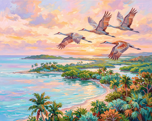 Flamingos Flying Over Blue Waters Coastal Tropical Landscape Vibrant Print
