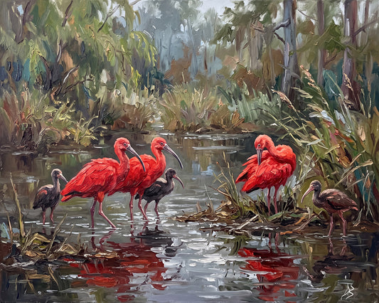 Scarlet Reflections – Ibis in the Hidden Wetlands | Canvas or Paper Art Print