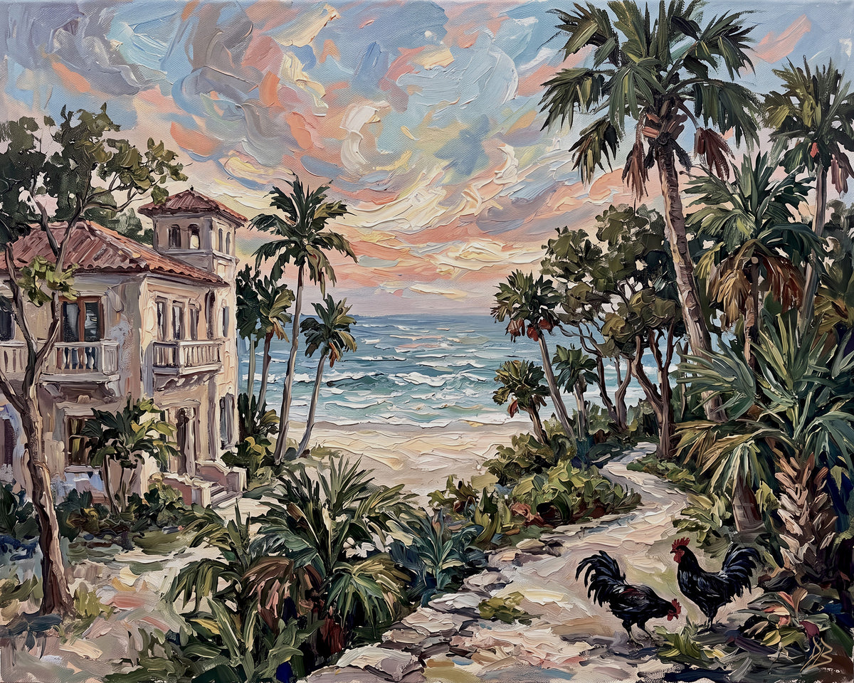 Where the Palms Meet the Sea – Key West Coastal House & Roosters | Canvas or Paper Art Print