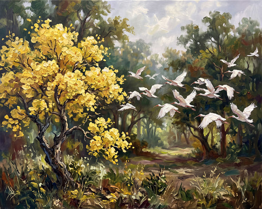 White Wings, Golden Blossoms – Ibis in Flight | Canvas or Paper Art Print