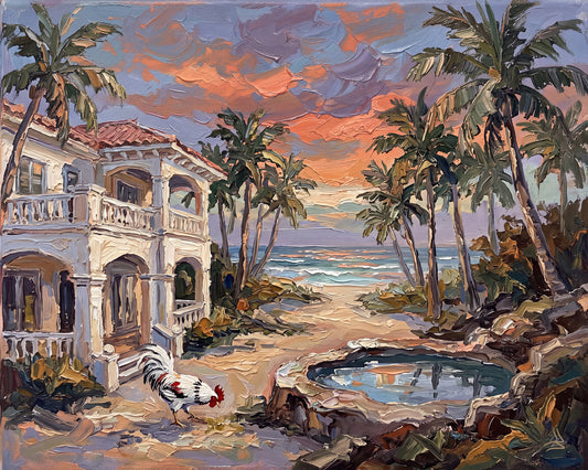 Reflections of an Island Sunset – Key West Coastal House & Rooster | Canvas or Paper Art Print