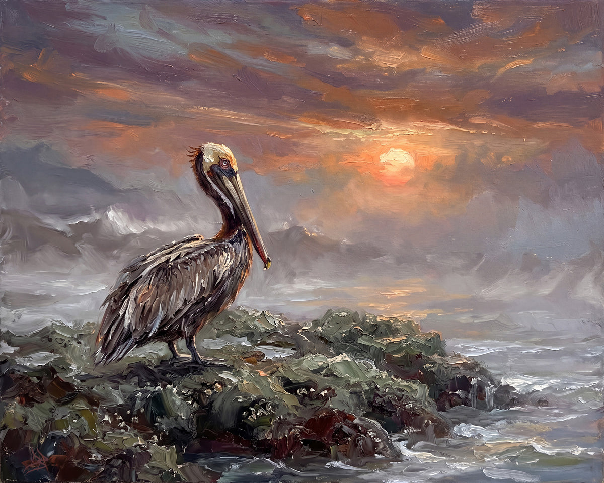 Keeper of the Evening Tide – Pelican at Sunset | Canvas or Paper Art Print